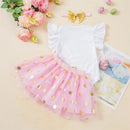 Toddler Girls Spring Floral Print Ruffle Sleeve Romper with Matching Bow Headband and Tulle Skirt - Easter Outfit