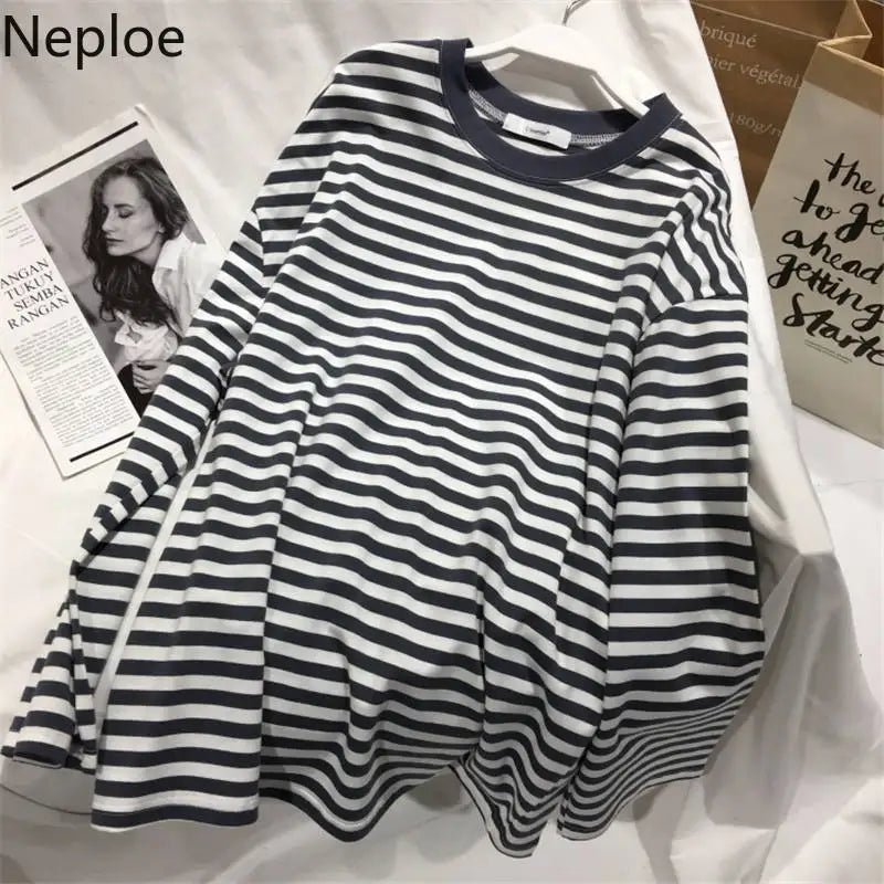 Neploe 2024 Autumn Striped Sweaters Medium-long Causal Pullovers Thin O-neck Top Korean Streetwear  Women Hoody Pull Femme
