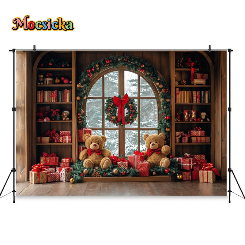 Christmas Toy Bear Gift Room Background Photography Kids Baby Show Wooden Bookshelf Window Backdrop Winter Xmas Tree Gift Booth