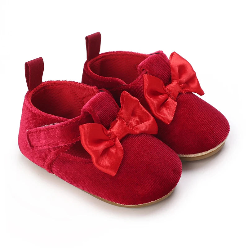 Spring and Autumn New Newborn Girl Infant Anti slip Walking Shoes, Girl Baby Red Comfortable Rubber Sole Bow Shoes Walking Shoes