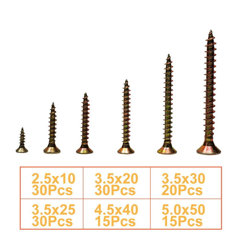 T.K.Excellent 140Pcs Flat Head Phillips Yellow Zinc Wood Screws Assortment Kit Woodworking 6 Sizes