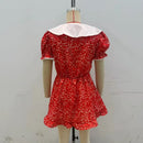 Red Floral Print Peter Pan Collar Dress Women Puff Sleeve V-neck High Waist A-line Mini Dresses Lady Evening Dinner Vestido 2026