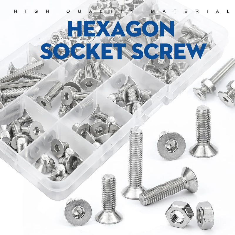 NINDEJIN Hex Hexagon Socket countersunk head screw kit m2 m2.5 m3 m4 m5 m6 stainless steel flat head bolt and nut screw set
