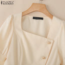 2025 ZANZEA Elegant Puff Sleeve Work Blouses Women Summer Shirts Square Neck Stylish Solid Buttons Tunic Tops Waisted OL Blusas
