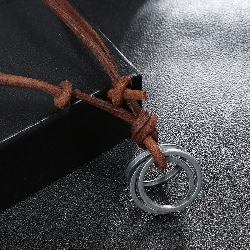 Vintage Men Women Circles Adjustable Leather Rope Necklace Pendant Jewelry Christmas Gift Initial Necklace