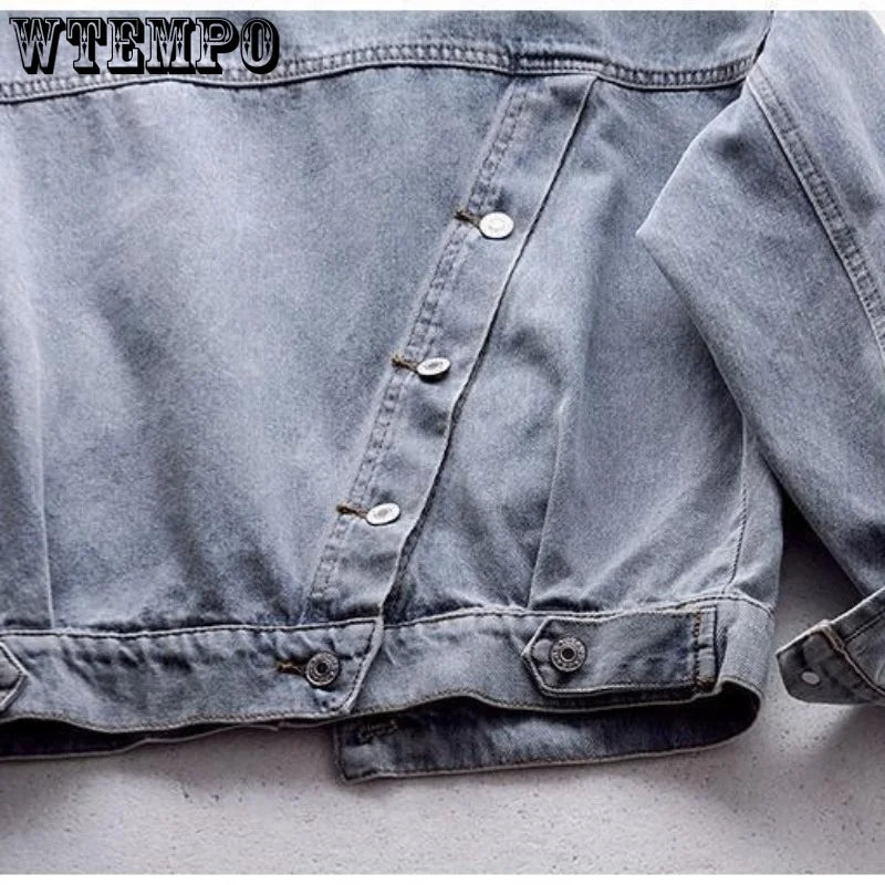 WTEMPO Women Spliced Hoodie Drawstring Long Sleeve Denim Coat Button Down Hoody Blue Black Jean Spring Autumn Outwear