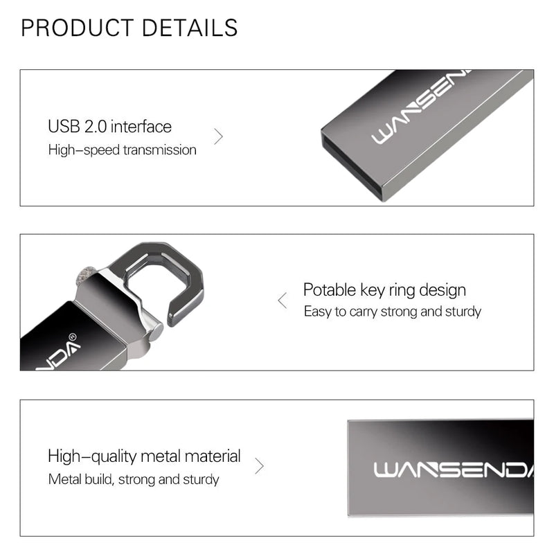 WANSENDA Keychain USB Flash Drive 128GB 64GB Metal Pen Drive 32GB 16GB 8GB 4GB Pendrive Memory Stick Waterproof Thumbdrive