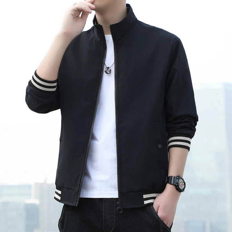 2024 New Coat Men's Trendy Slim Fit Top Spring and Autumn Leisure Standing Collar Youth Striped Jacket