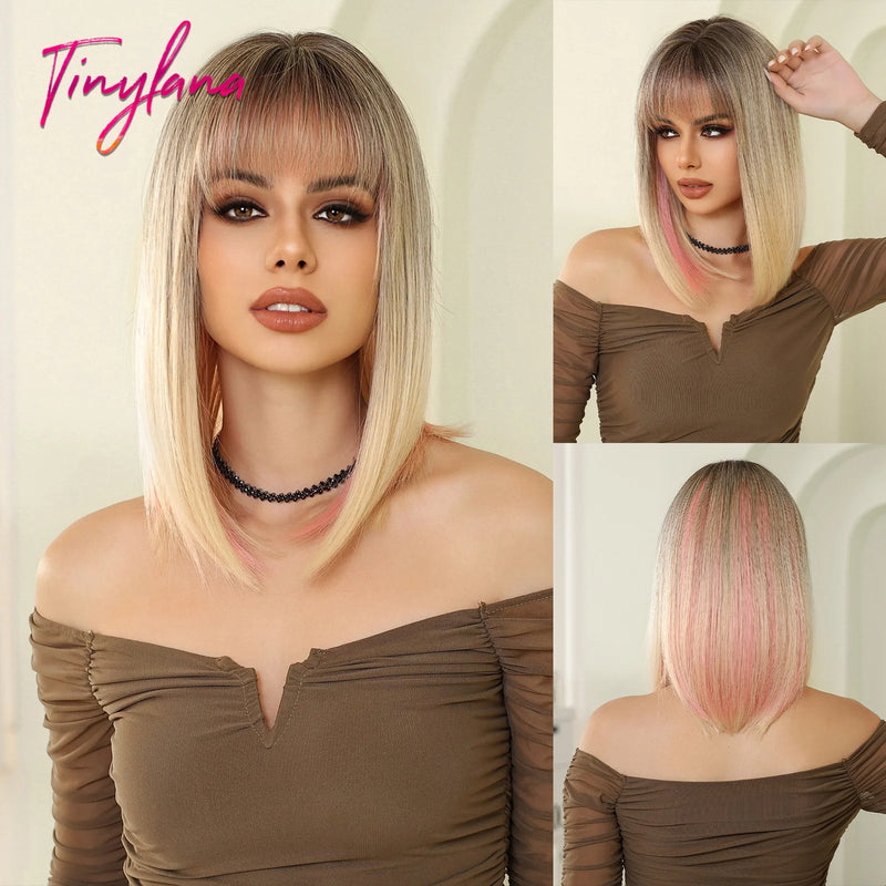 Blue Purple Ombre Cosplay Synthetic Wigs Short Bob Straight Lolita Halloween Hair Wig with Bangs for Women Afro Heat Resistant