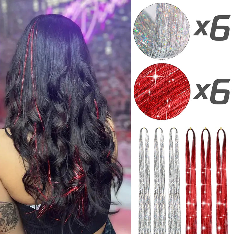 Tinsel Hair Extension 12pcs Glitter Sparkling Shinny Fairy Hair Accessories for Women and Girls for Christmas New Year Halloween