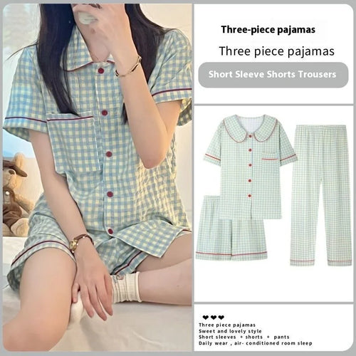 3tlg./Set Kurzarm Premium-Gefühl Schlafanzug Damen Cardigan Kurzarm Lange Hose Homewear Damen Student Pyjama Dreiteiler