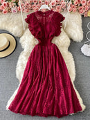 Vintage Purple/Green/Red Lace Midi Dress Women Sweet Round Neck Ruffle Vestidos Female High Waist Slim Robe Spring Autumn 2021
