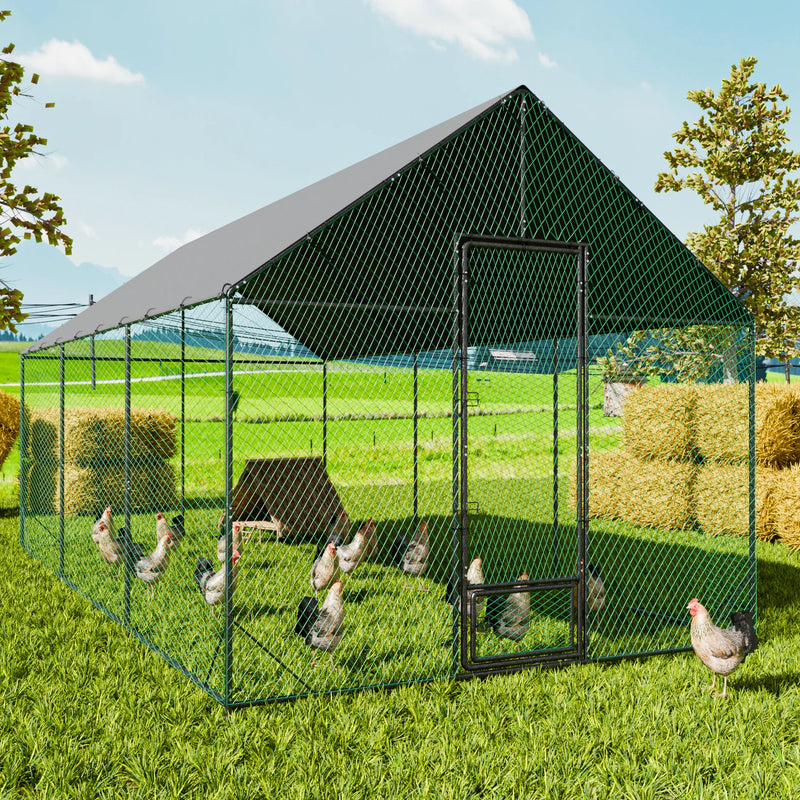 Large Outdoor Upgrade Metal Chicken Coop Walk-in Poultry Run Pen Cage Pet Duck Hen House with Nylon Netting and Cover for Yards