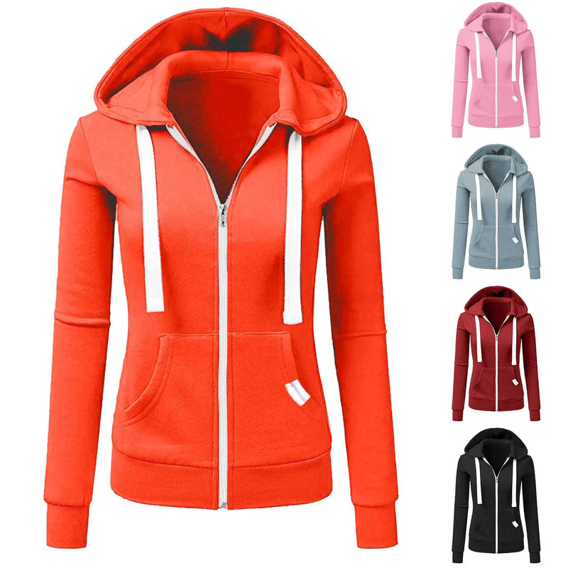 Casual Women Autumn Solid Color Long Sleeve Hoodie Pockets Zipper Sports Outwear Coat Hoodies Female Pocket Coat Sweatshirts