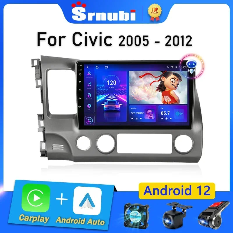 Srnubi 10" Android 12 Carplay Car Stereo Radio for Honda Civic 8 2005 - 2012 Multimedia Player Navigation GPS 2 Din 4G Audio DVD