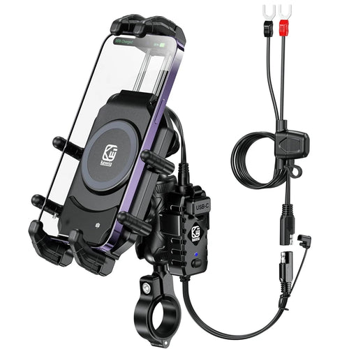 Shookproof Motorcycle Phone Mount Holder & 15W Wireless Charger 30W PD/USB-C Charging Vibration Dampener Anti-Theft Handlebar