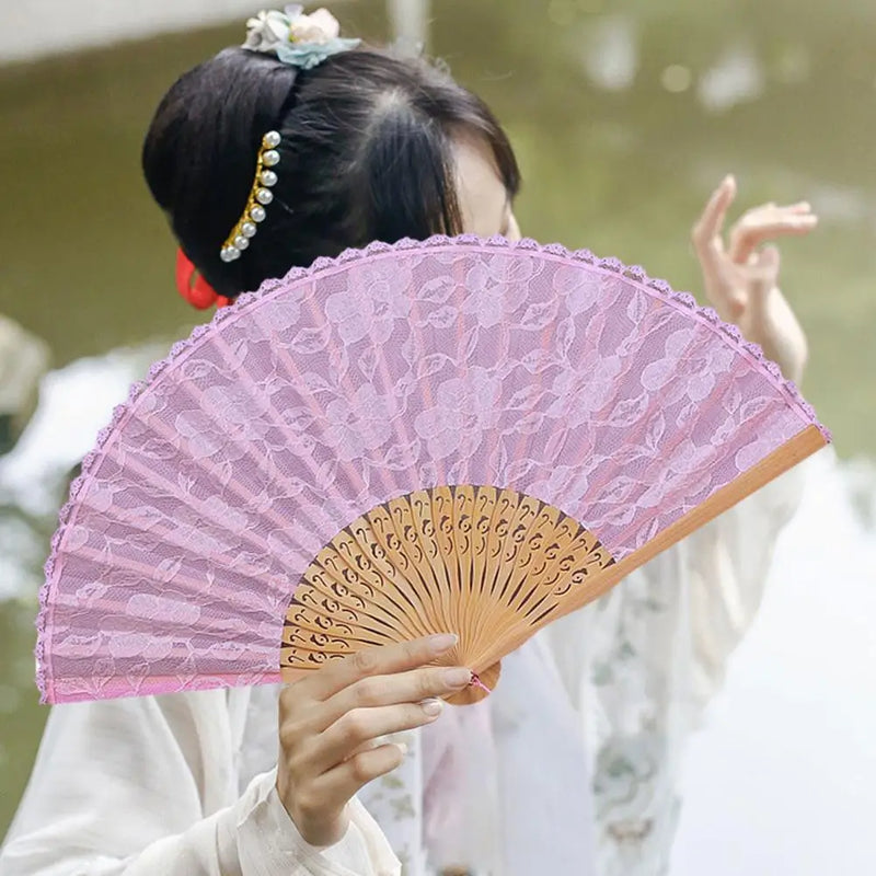 Silk Cloth Blank Chinese Folding Fan Wooden Bamboo Elegant Lace Fabric Fan Folding Fan Curved Blade Fan Home Decor Wedding Fan