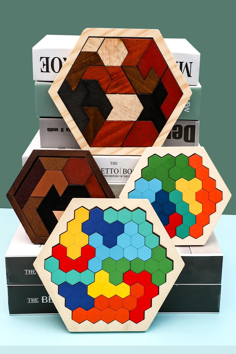 Hexagonal Wooden Puzzles Educational Toys For Children Kids Preschool Tangram Board Brain IQ Test Game Montessori Toys Gifts