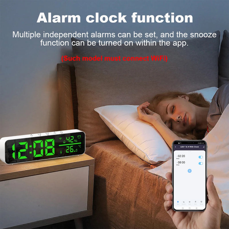 Tuya WiFi Temperature Humidity Sensor Support Time Alarm Clock Display USB Desktop Mirror LED Clocks for Living Room Decoration