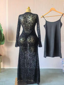 CM.YAYA 2025 Fall Women Long Sleeve Stacked Mesh See Though with Lining Bodycon Long Dress Evening Birthday Sexy Party Dresses