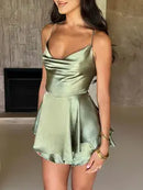 NEW Satin Silk Women Sexy Cami Playsuits Dress Solid Cowl Neck Sleeveless Short Jumpsuits Summer Cross Tie-Up Backless Romper