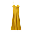 HH 2025 Women Red V-Neck Holiday Style Satin Texture Long Dress Sleeveless Summer Women's Back Zipper Fashion Sling Dresses