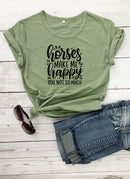 Horses Make Me Happy Bedrucktes New Arrival Damen Lustiges Freizeit-T-Shirt aus 100% Baumwolle, Farm-Shirts, Cowgirl-Tees, Country-Shirt