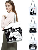 New Lady Tote Bags Black White Cute Cat Printed Fabric Eco Handbag High Capacity Shopping Office Reusable Casual Shoulder Bag