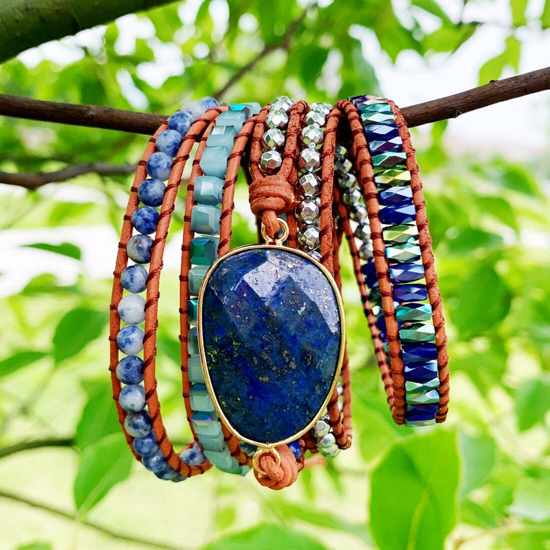 Unique Mixed Natural Stones Charm 5 Strands Wrap Bracelets for women Handmade Boho Bracelet Leather Bracelet gift jewelry