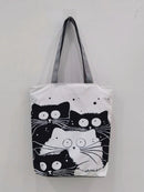 New Lady Tote Bags Black White Cute Cat Printed Fabric Eco Handbag High Capacity Shopping Office Reusable Casual Shoulder Bag