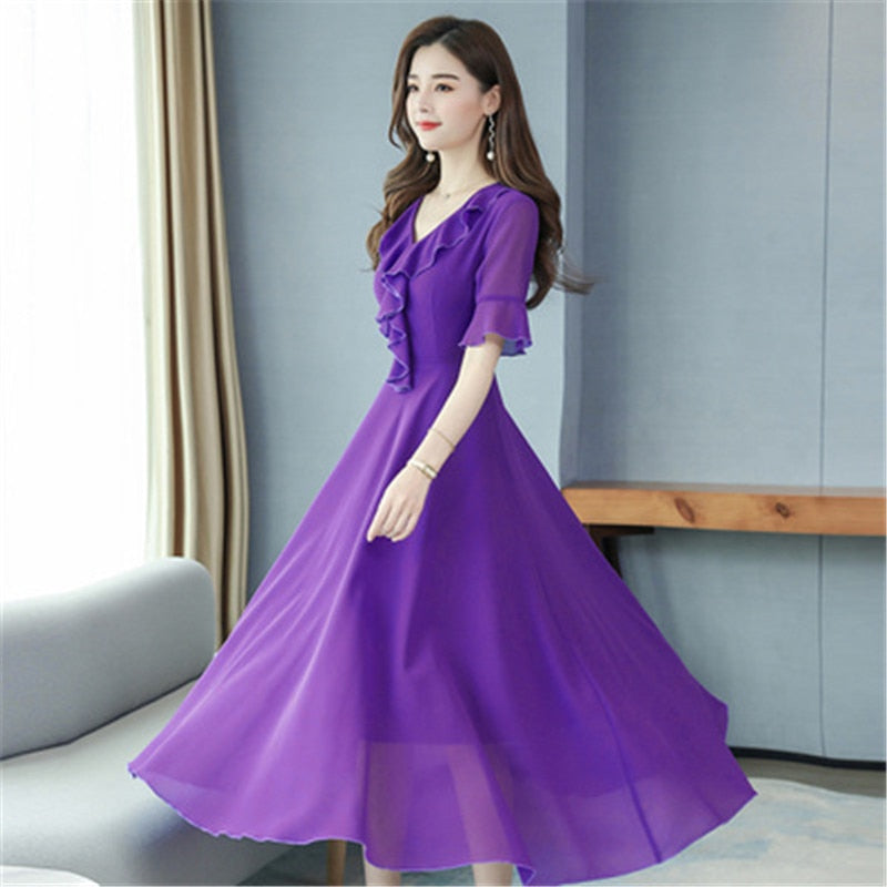 Chiffon dress 2020 Korean summer new fashion V-neck flared sleeves Slim was thin temperament big swing dress