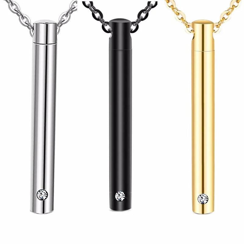 Unisex 3 Tone Stainless Steel Jewelry Cylinder Crystal Memorial Urn Pendant Slide Screw Opens Cremation Necklace Ash Case Holder