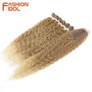 Synthetic Fake Hair Extensions Afro Kinky Curly Hair Bundles With Closure Ombre Golden 30 inch Soft Super Long Wave Hair Weave