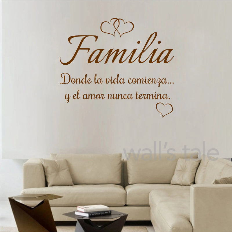 Spanish Familia Quote Wall Decals Donde la vida comienza y el amor nunca termina Vinyl Sticker Home Decoration Mural Wall Decal