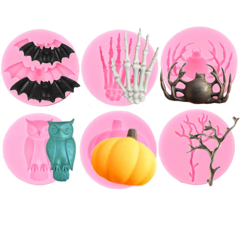 Halloween Molds Spider Owl Branch Pumpkin Hand Skeleton Skull Bat Silicone Mold Fondant Cake Decorating Tools Chocolate Moulds