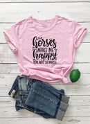 Horses Make Me Happy Bedrucktes New Arrival Damen Lustiges Freizeit-T-Shirt aus 100% Baumwolle, Farm-Shirts, Cowgirl-Tees, Country-Shirt