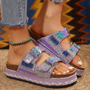 New Women's Rhinestone Thick Sole Twine Double Buckle Sandals, Soft Comfortable Women's Beach Slippers Large size