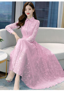 Elegantes rosa Midikleid 2023 Herbst Winter Vintage Unifarbenes Freizeit Chiffon Maxikleid Damen Bodycon Party Schwarzes Nacht Hochzeitskleid