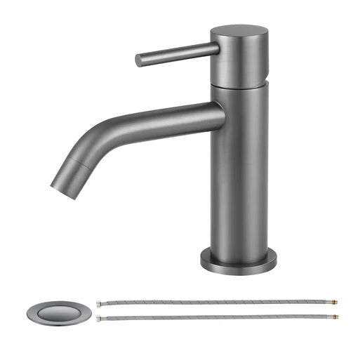 EZANDA Brass Single Handle Bathroom Faucet with Pop-up Sink Drain Assembly & Faucet Supply Lines, Gunmetal