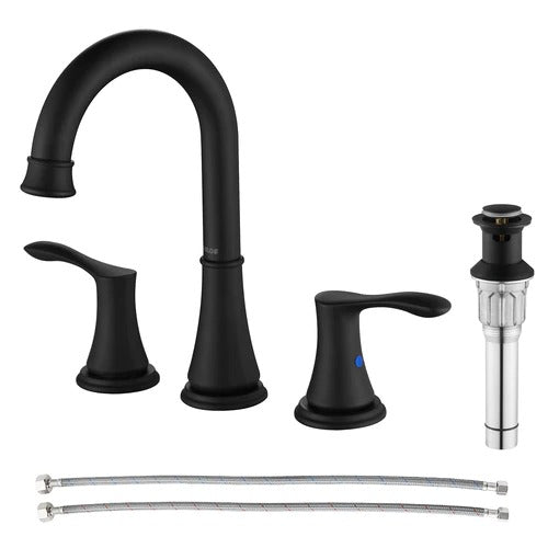 PARLOS 2-Handle 8 inch Widespread Bathroom Faucet with Valve and Pop Up Drain Assembly and cUPC Faucet Supply Hoses, Matte Black, Demeter,1.5GPM
