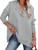 Funlingo Womens Oversized Hoodie Sweatshirt Casual Button V Neck Pullover Long Sleeve Hooded Tops With Pockets
