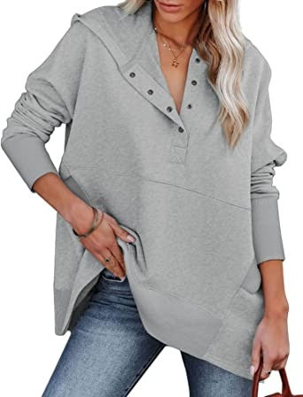 Funlingo Damen Oversized Hoodie Sweatshirt Lässiger Knopf V-Ausschnitt Pullover Langarm Kapuzenoberteile mit Taschen