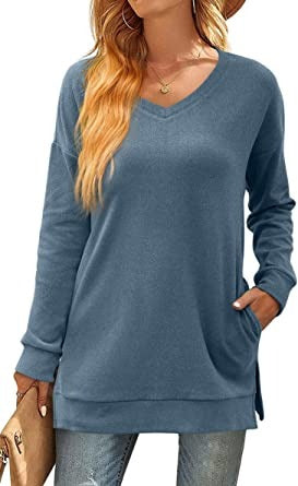 Aloodor Sweatshirt für Damen, Langarm, V-Ausschnitt, seitlich geschlitzter Saum, lässige Tunika-Oberteile