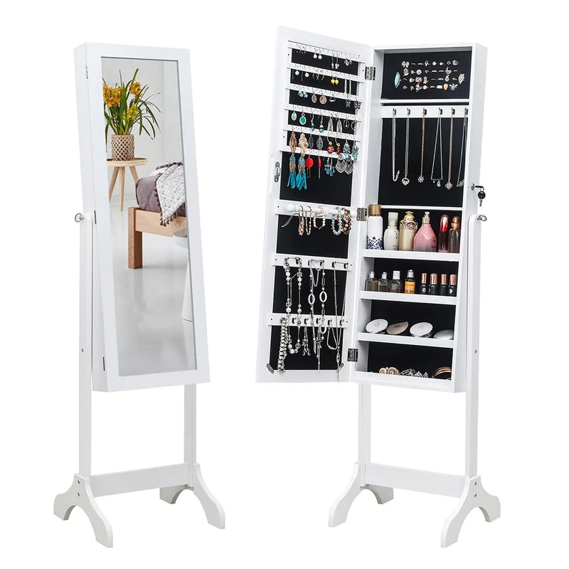 Jewelry Cabinet with Non-Full Mirror Wooden Floor Standing 4-Layer Shelf Storage Adjustable Mirror