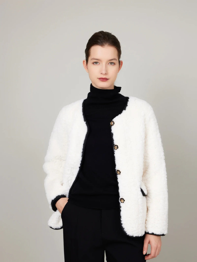 ASSUAL | Abrigo grueso de piel sintética cálida de invierno Abrigo de bolsillo con cuello redondo
