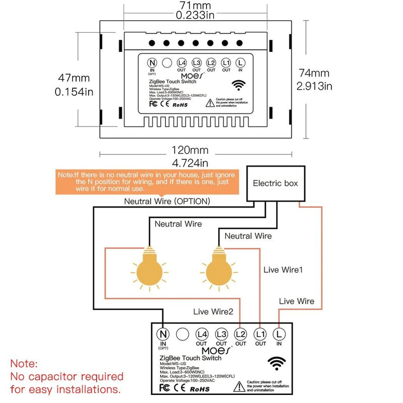 MOES ZigBee Interruptor de luz inteligente de 3 vías Pantalla táctil de vidrio Interruptores de cubo de cable neutro múltiple de 4 bandas
