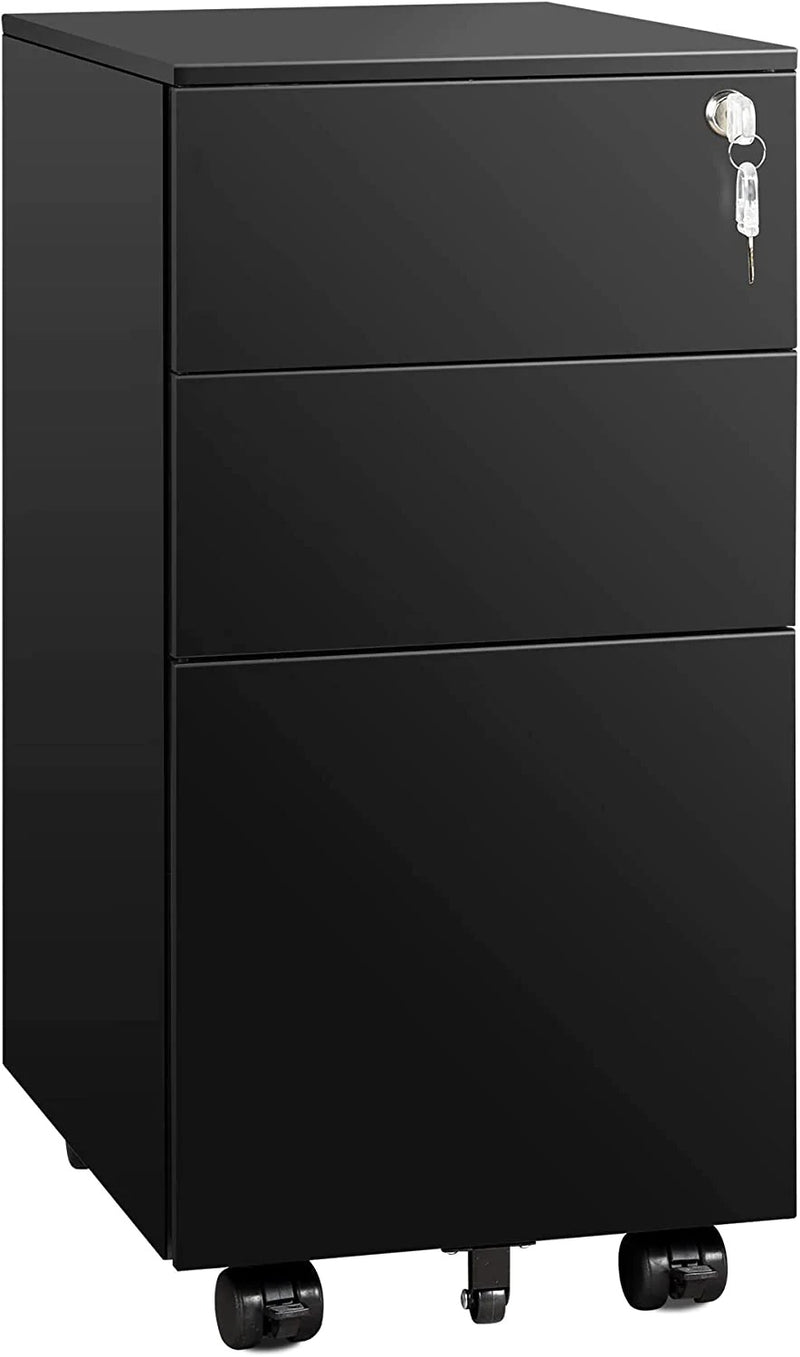 Black/White Metal 3 Drawer Slim Locking File Cabinet | DEVAISE