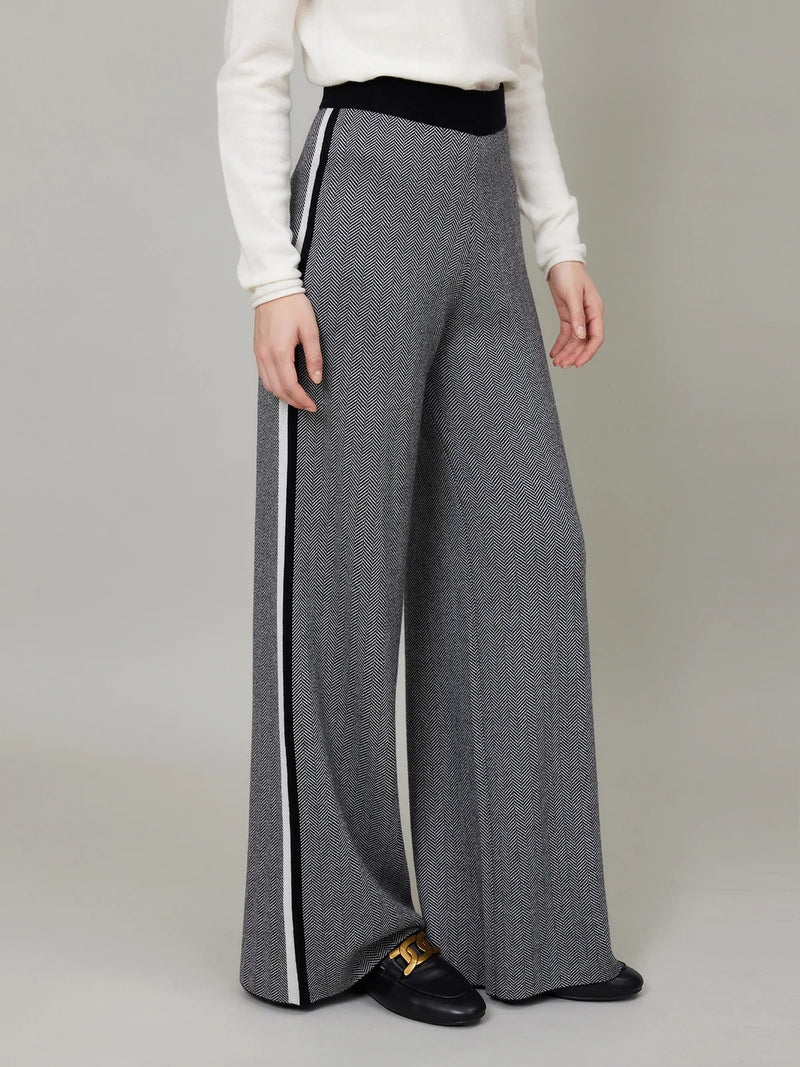 ASSUAL | High Waist Side Striped Wool Knitted Wide Leg Pants