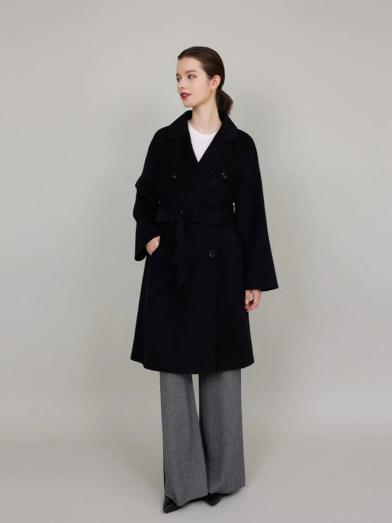 ASSUAL  Double Breasted Lapels Wool Pockets Overcoat With Belt