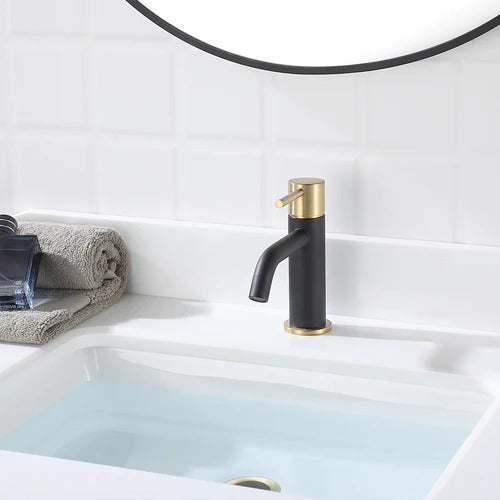EZANDA Brass Single Handle Bathroom Faucet with Pop-up Sink Drain Assembly & Faucet Supply Lines, Matte Black with Brushed Gold